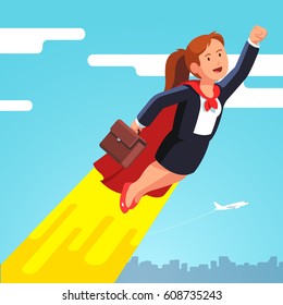 Superhero business woman and leader in red cape flying fast in the sky like a rocket showing yes winner gestures with clenched fists. Flat style modern vector illustration isolated on white background