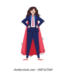 Superhero business woman in power pose - cartoon confident businesswoman in super hero costume with cape isolated on white background. Flat vector illustration.