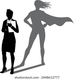 A superhero business woman revealed by her shadow silhouette as a super hero in a cape