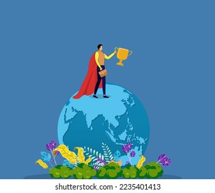 Superhero businessman with award winner on earth, victory or global success concep.