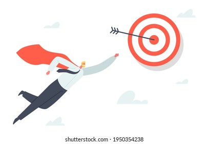Superhero Businessman Character in Red Cloak, Super Employee with Raising Arm Flying Up to Target. Business Success, Leadership, Professionalism, Goal Achievement Concept. Cartoon Vector Illustration