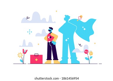 Superhero businessman concept, flat tiny person vector illustration. Standing brave person with a cape in hes shadow. Strong leadership metaphor. Personal strength confident success growth vision.