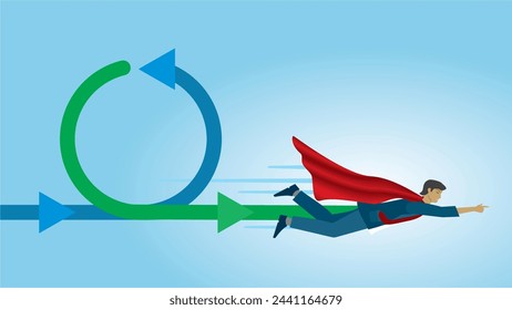 Empresario superhéroe volando en bucle. Dimensión 16:9. Ilustración vectorial.