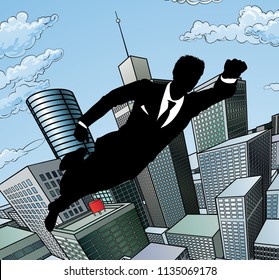 A superhero businessman flying through the air over a city scene