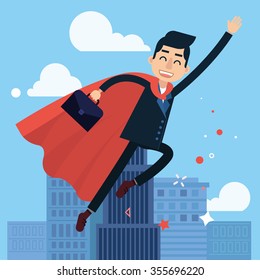Superhero Businessman Flying to Work. Vector illustration in flat style