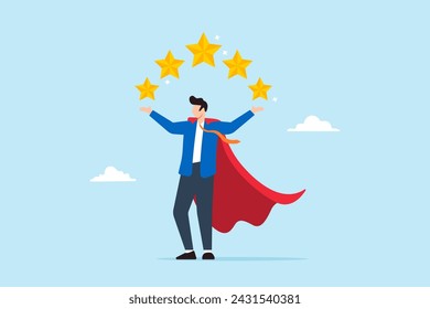 Superhero businessman holds big golden 5 star customer rating feedback. Concept of excellent service, quality, and strong professional reputation, earning awards and top ratings