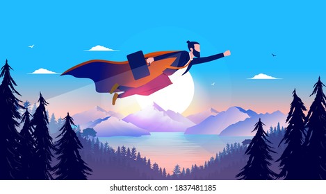 Superhero businessman - Man flying over landscape with briefcase in hand and red cape. Best worker on a mission. Vector illustration.