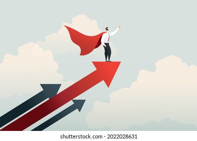 Superhero businessman pointing finger on rising arrow graph. Business success show courage power business. Illustration vector