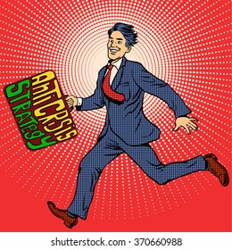 Superhero businessman with a portfolio runs forward with the anti-crisis strategy. Pop art retro style. The business people. 