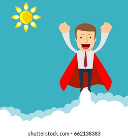 Superhero - businessman in red capes flying upwards to his success. Stock vector illustration for poster, greeting card, website, ad, business presentation, advertisement design.