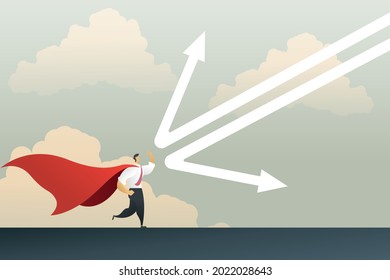 Superhero businessman reflecting a falling arrow graph to protect the economic crisis of a business showing leadership, power, skill and motivation. illustration vector