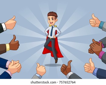 Superhero businessman in shirt with many thumbs up hands around him, against blue background.