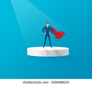 Superhero businessman standing on a platform elevation illuminated by a stream of light. Isolated on blue background, simple flat cartoon style. Vector illustration