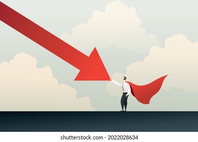 Superhero businessman stop a graph of falling arrows overcoming the economic crisis of a business showing leadership, power, skill and motivation. illustration Vector