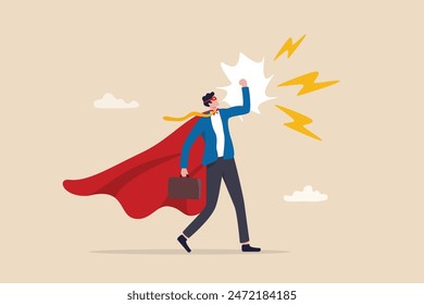 Superhero businessman with superpower to win business success, strength or power to control and finish work, confidence great responsibility, courage or strong positive attitude with fearless mindset.