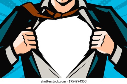 Superhero businessman tearing his shirt. Business success concept in pop art comic style. Vector illustration