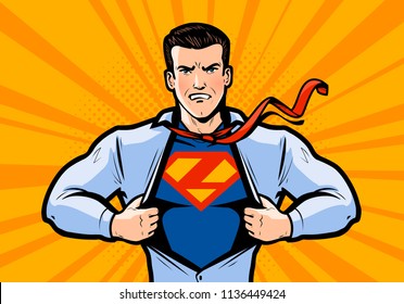 Superhero or businessman tears his shirt. Vector illustration in style comic pop art