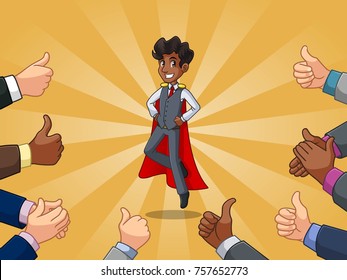 Superhero businessman in vest with many thumbs up hands around him, against yellow background.