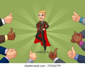Superhero businessman in vest with many thumbs up hands around him, against blue background.