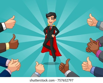 Superhero businessman in vest with many thumbs up hands around him, against tosca background.