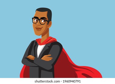 Superhero Businessman Wearing Glasses and Red Cape. Office worker hero employee of the month with high performance on the job and big accomplishments 
