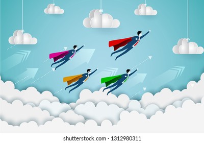 superhero businessmen competing go to target are flying up into the sky while flying above a cloud and mountains. business finance success. leadership. startup. creative idea. cartoon vector
