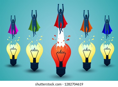 Superhero businessmen fling out of the light bulb red and yellow are flying up into the sky. business finance success. leadership. startup. creative idea. illustration cartoon vector