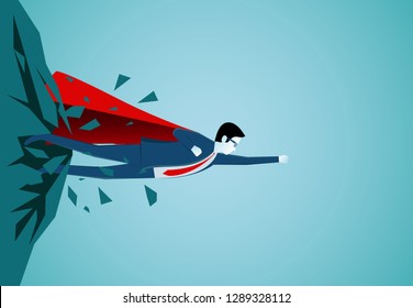 Superhero businessmen fling out of the rock are flying go to target. passing obstacle to business finance success goal. leadership. startup. creative idea. illustration cartoon vector