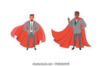 Superhero Businessmen in Red Capes Set, Successful Business People, Leadership, Victory Concept Cartoon Vector Illustration