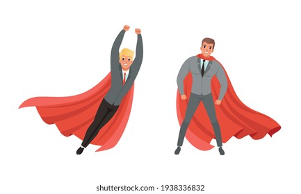 Superhero Businessmen in Red Capes Striving for Success Set, Leadership, Victory Concept Cartoon Vector Illustration