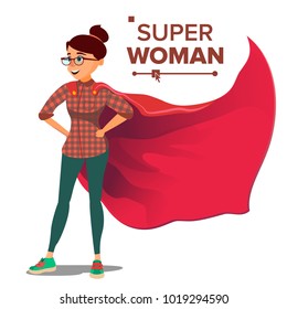 Superhero Businesswoman And Businessman Character Vector. Red Cape. Successful Business Woman And Man Standing And Flying. In Action. Leadership Concept. Creative Modern Business Superhero. Isolated