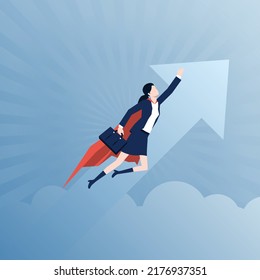 Superhero businesswoman focus on flying in one direction of his career. Concept of success and motivation.