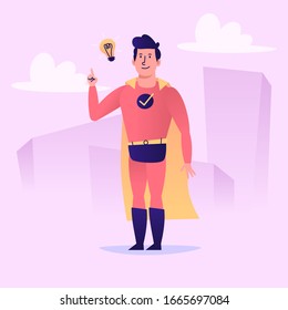A Superhéroe se le ocurrió una idea y sonrisas. Carácter vectorial. Ilustración vectorial