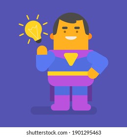 Superhero came up with an idea and smiles. Vector character. Vector illustration