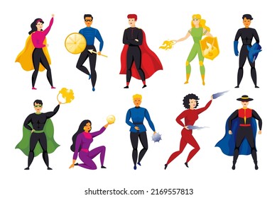 Superhero In Cape. Adult Character Of Hero With Super Body Power. Man Or Girl Avatar In Cloak In Comic Pose. Heroic People Mascots. Strong Muscular Persons. Vector Cartoon Superhuman Set