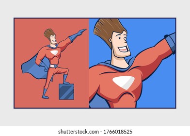 superhero with cape retro style cartoon mascot