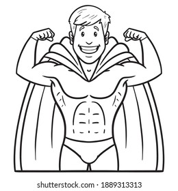 superhero with cape showing the muscles. comic, outline, avatar.
