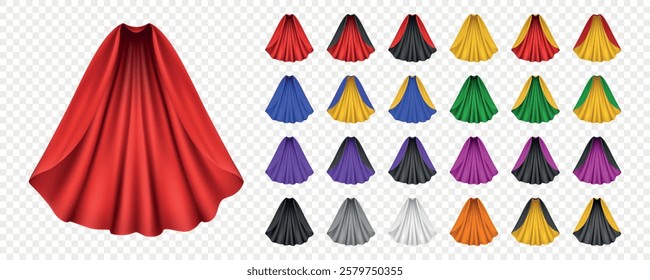 Superhero Cape Vector Set. Realistic Cape, Multiple Colors. Superhero Costume, Superhero Cosplay, Hero Design. Red, Blue, Black, Yellow. Comic, Fantasy, Game, Illustration, Clipart, Design Template