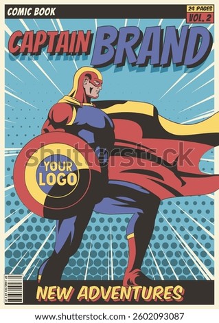 Superhero Captain Brand Fake Comic Book Cover, Vector Template for Posters, Covers, Illustrations