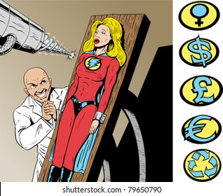 Superhero captured by evil scientist and in danger.