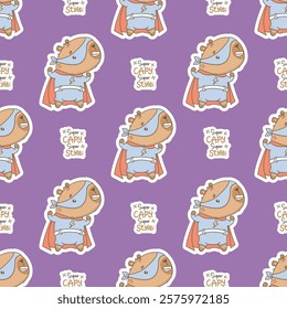 Superhero Capybara Seamless pattern. Cute cartoon kawaii animal character on purple background with slogan. Vector illustration. Kids collection