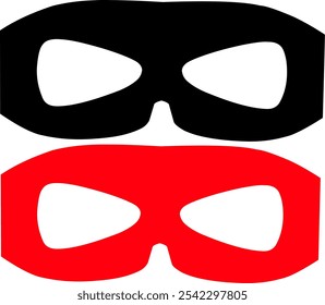 Superhero carnival thief or villain vector icon set. Black and red masquerade costume eye mask silhouette of hidden person face. Masquerade party mask shape template illustration with simple design.