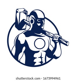 superhéroe portando una plantilla vectorial de logotipo martillo
