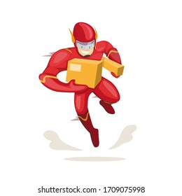 Superhero carrying package mascot for courier express delivery service in cartoon flat illustration vector isolated in white background