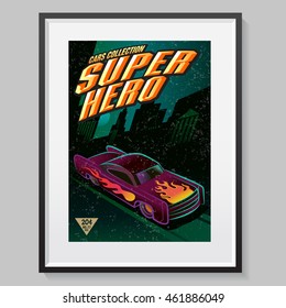 Superhero cars collection. Fake comic book cover. Poster layout