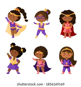 Superhero cartoon african american girls in super costumes, isolated vector clipart on white background, cute darkskin female superhero comic books kids characters, childish illustration set