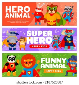 Superhero Cartoon Tierfiguren in Superheldenmützen, Masken und Kostümen. Vektorbanner von süßen und tapferen Bären, Löwen, Panda und Bunny, Raccoon, Affen, Elefanten, Rhino und Igel