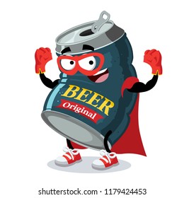 Superhero cartoon beer in an aluminum can character mascot on a white background