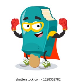 Superhero cartoon bitten blue ice cream on a stick character mascot in sneakers on a white background