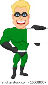 Superhero cartoon with blank card